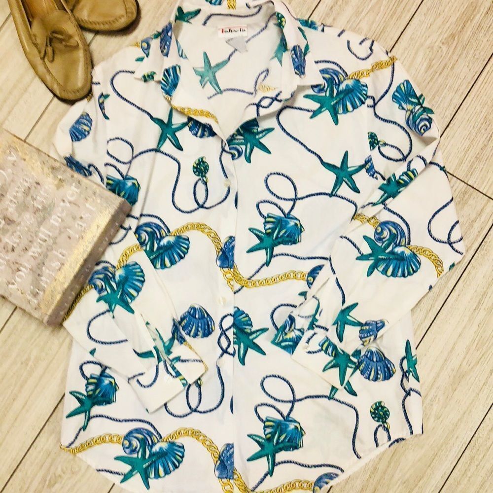 Talbots Nautical Shell Chain Button Down Blouse S - image 1